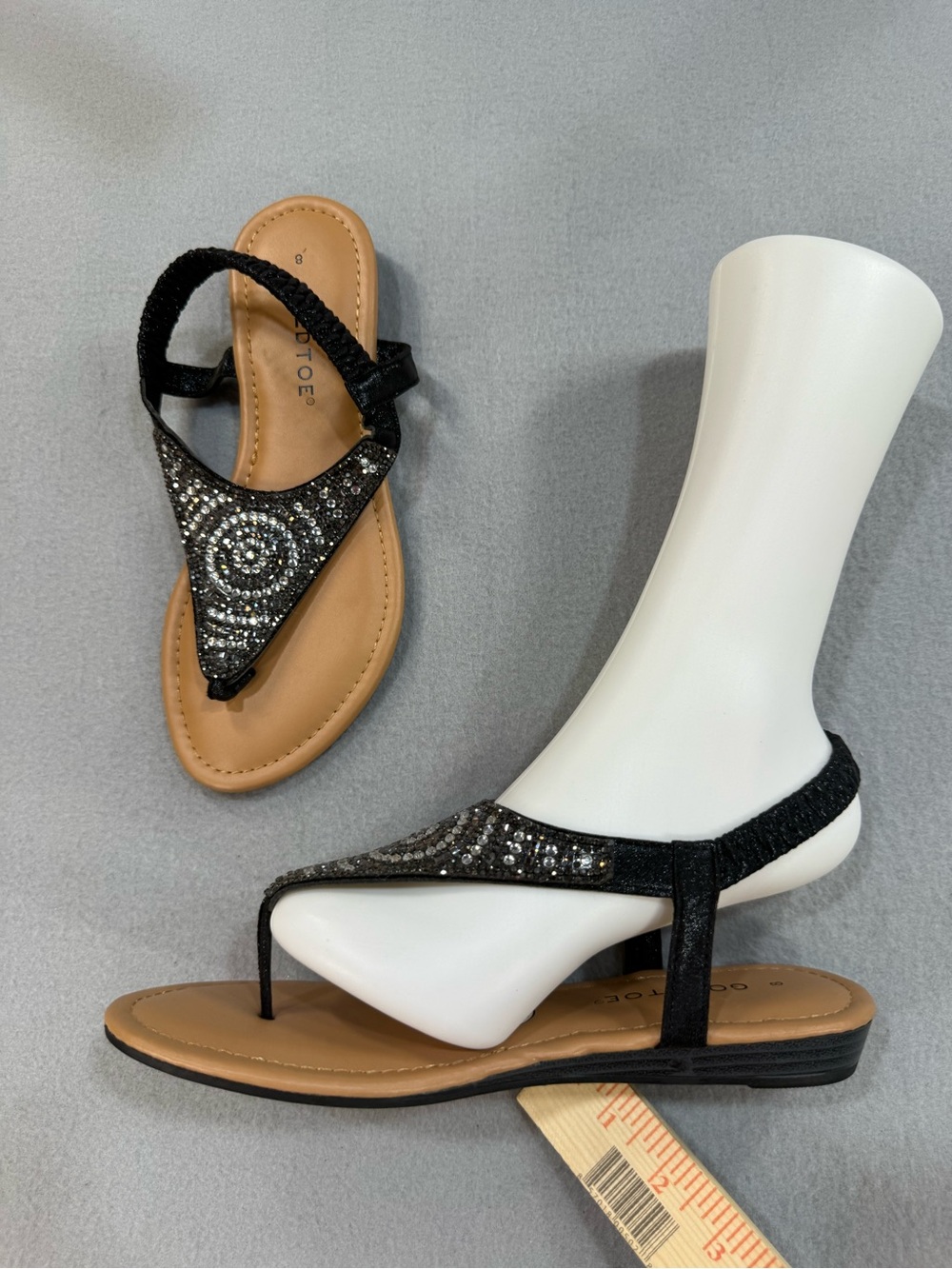Gold Toe Black Beaded T-Strap Sandals